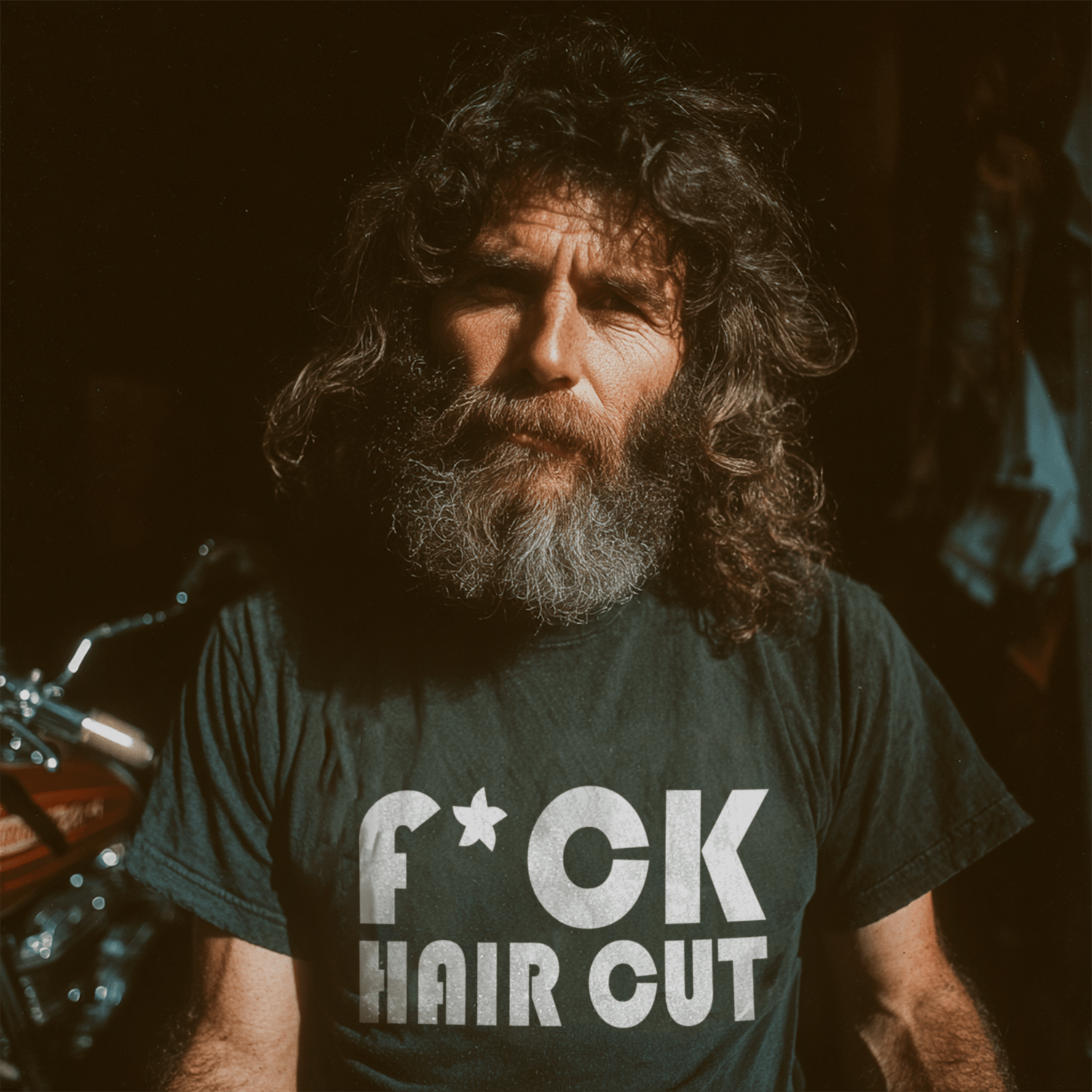 Man with long hair and beard wearing a t-shirt with a graphic design.
