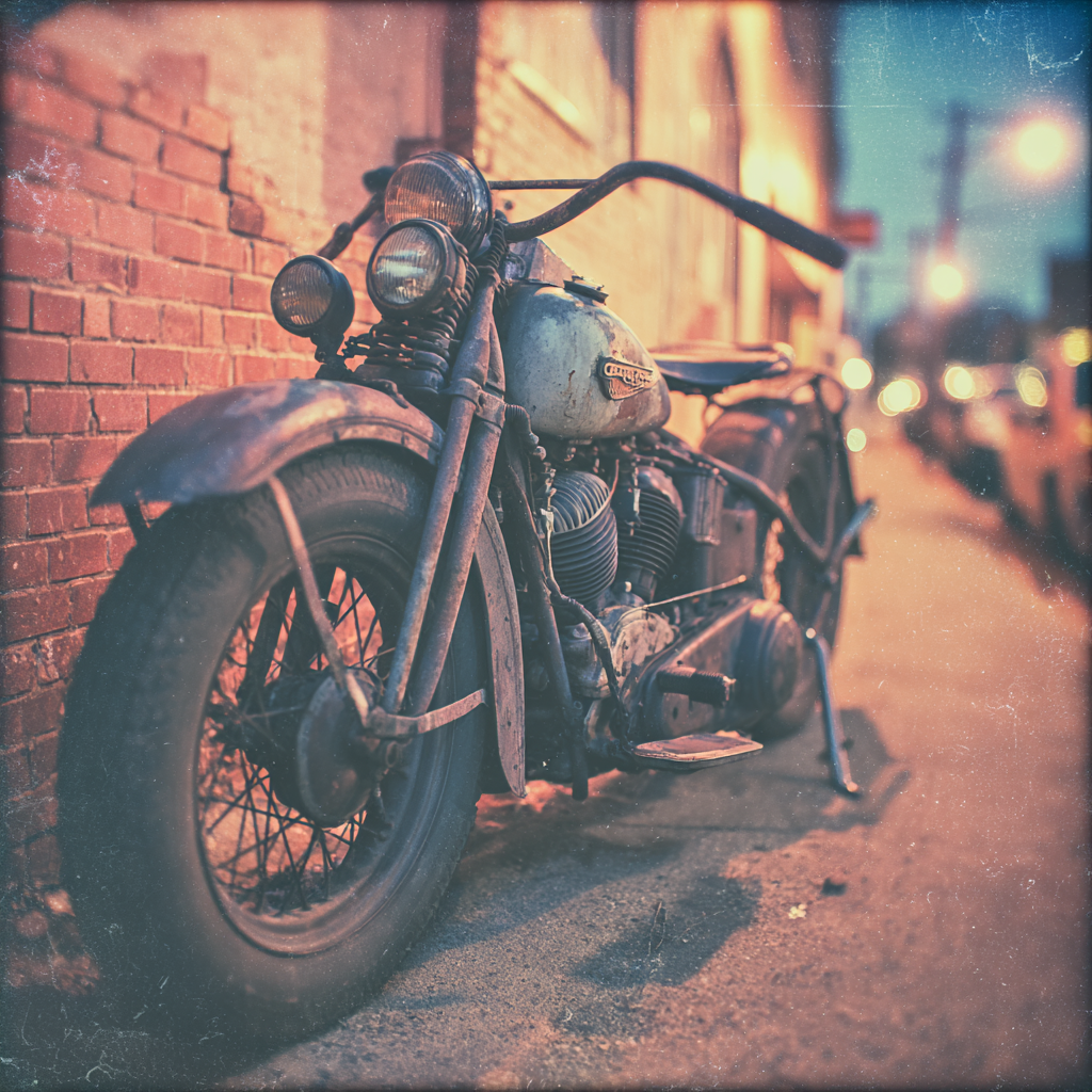 Vintage motorcycle leaning against a brick wall on a city street.