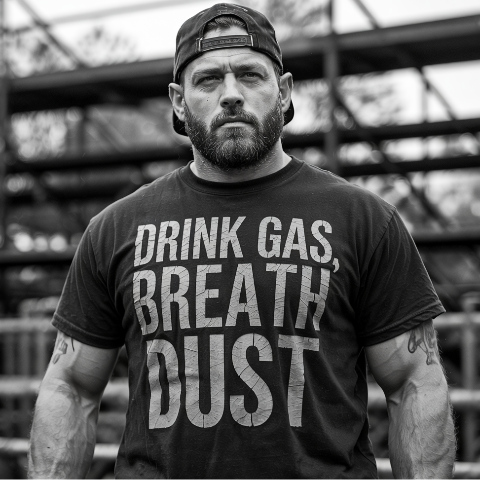 Man wearing a t-shirt with 'Drink Gas, Breath Dust' text in an industrial setting
