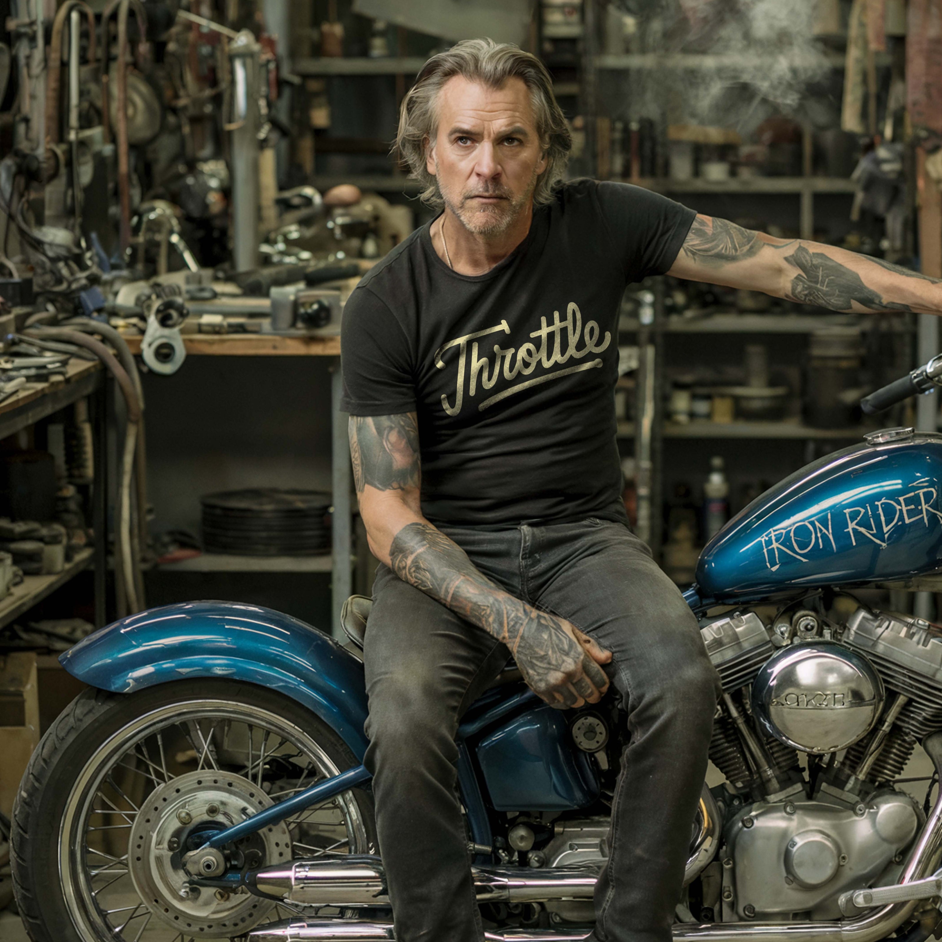 Man sitting on a motorcycle in a workshop with tools and equipment in the background