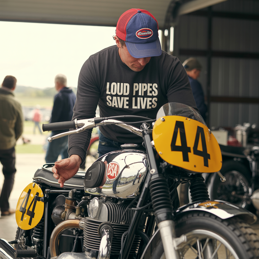 Man wearing a 'LOUD PIPES SAVE LIVES' shirt sitting on a motorcycle with number 44