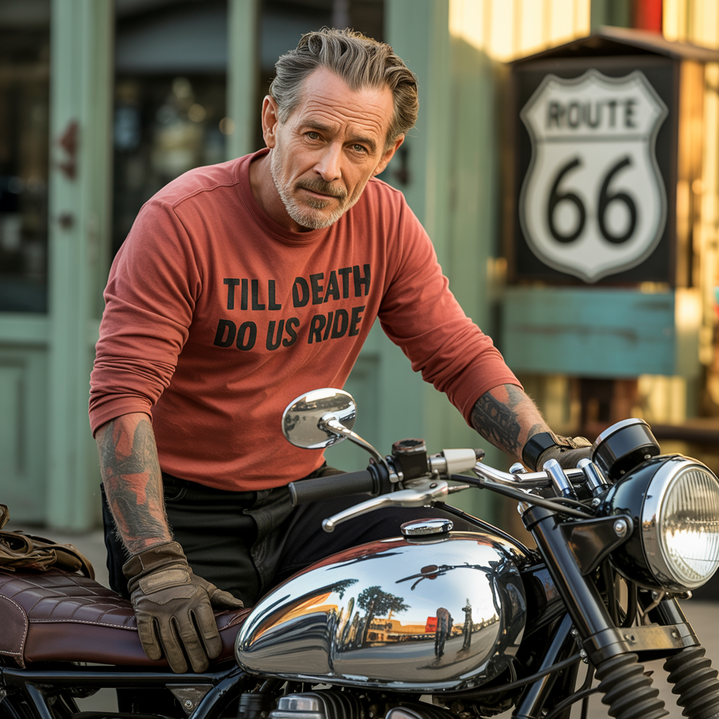 Man wearing a red shirt with text on a motorcycle in front of a Route 66 sign.