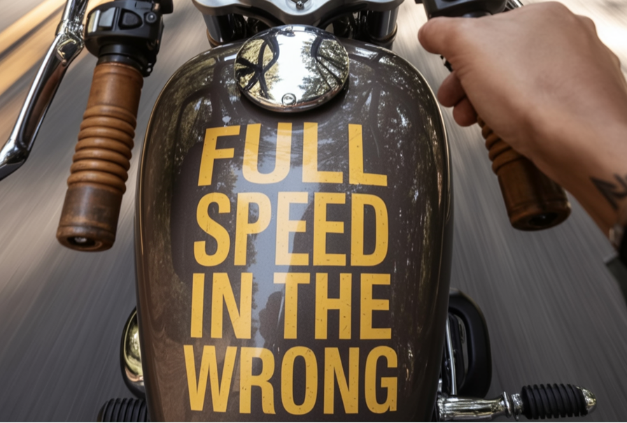 Motorcycle with 'Full Speed in the Wrong' on fuel tank, person holding handlebar, forest road background